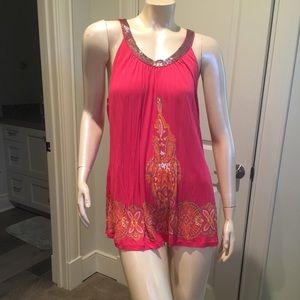 I-N-C coral printed blouse beaded scoop neck